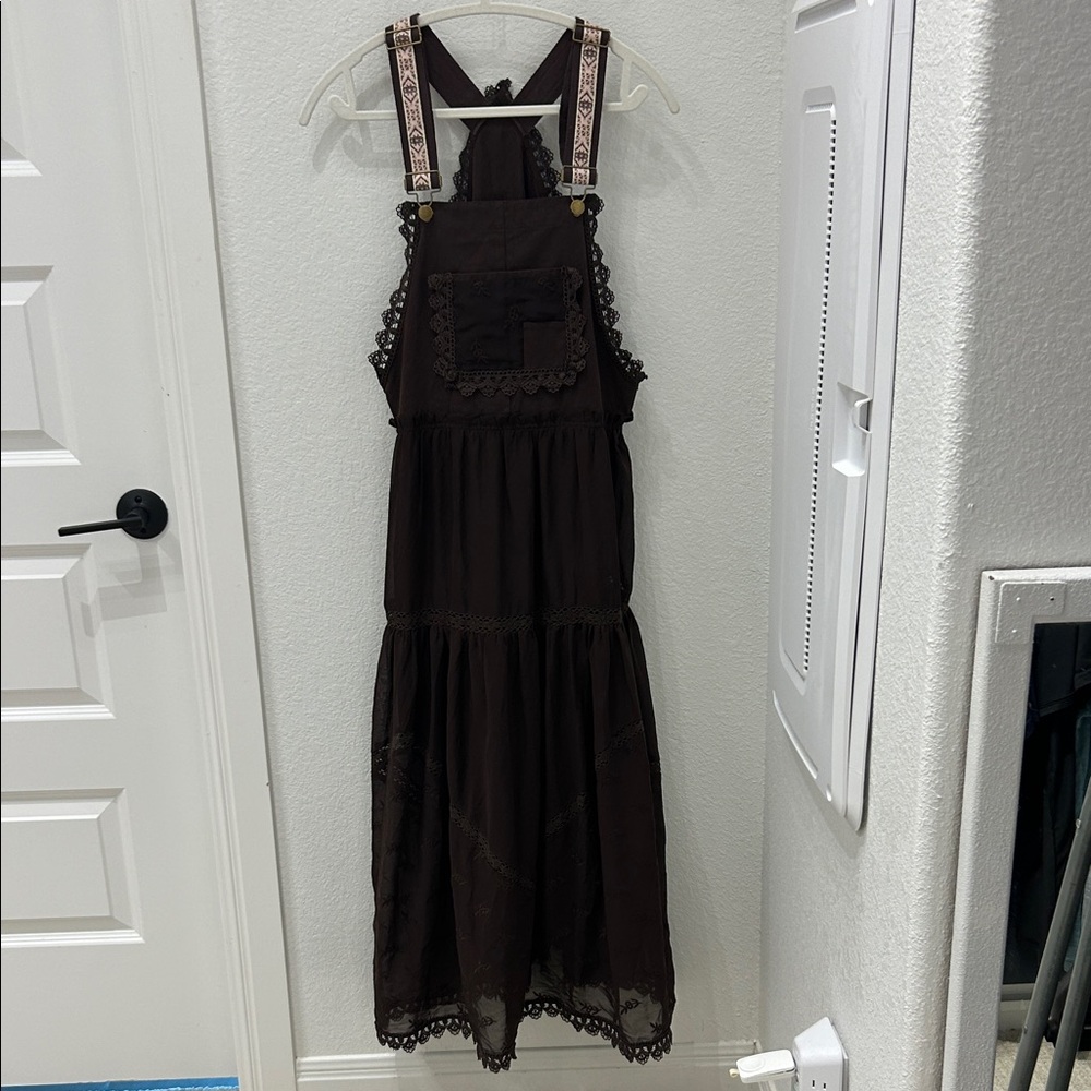 Brown Lace Trim Pinafore Maxi Dress with Embroidered Straps